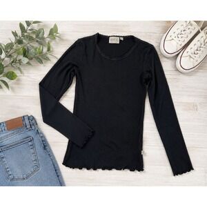 Wheat Organic Cotton Black Ribbed Long Sleeve Lettuce Edge Top Kids 10Y 140